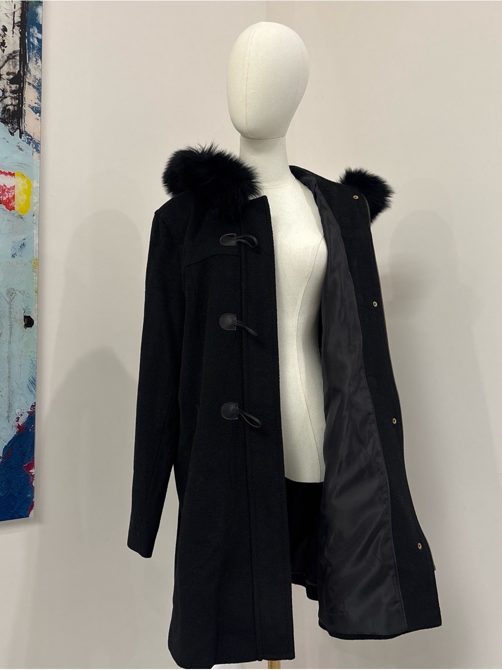 Ellen Tracy Black Toggle Pea Coat with Faux Fur Trim